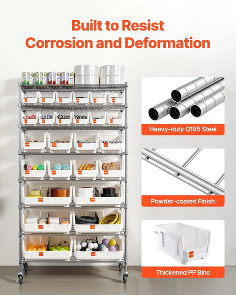 Eight Tier Rolling Storage Rack Featuring Twenty Six Modular Parts Bins Heavy Duty Steel Wire Shelving Cart With Smooth Locking Wheels For Pro Shop Space Zero Fuss Setup And Quick Label Slots