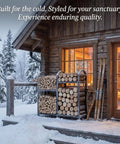 Heavy Duty 31 Inch Firewood Rack With Hooks 2-Tier Log Holder for indoor or outdoor use by a snow-covered cabin