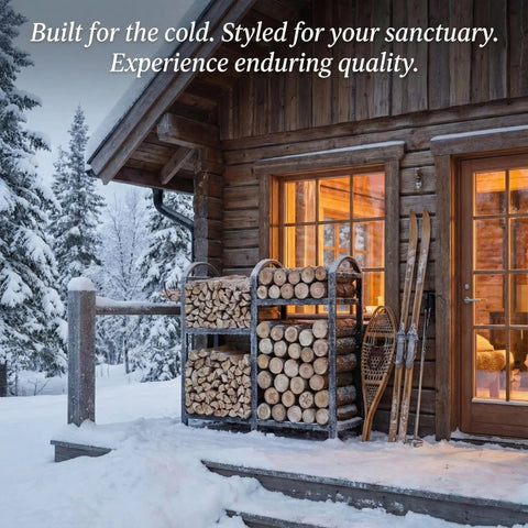 Heavy Duty 31 Inch Firewood Rack With Hooks 2-Tier Log Holder for indoor or outdoor use by a snow-covered cabin