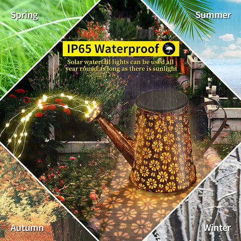 Solar Powered Watering Can Lantern Lights For Garden Decor in floral design, IP65 waterproof, glowing in garden at night