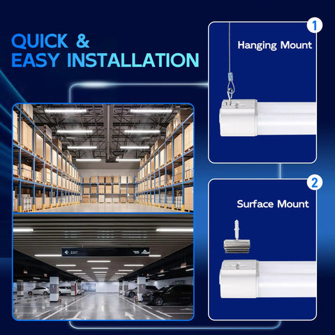 6 Pack 4ft Linkable LED Shop Light Utility Fixture 4400 Lumens 42W 250 Watt Equivalent Daylight 5000K For Garage Hanging Or Surface Mount With Power Cord ETL White Energy Efficient 4400 Lumen LED Shop Light With Easy Install showing installation in warehouse and parking area
