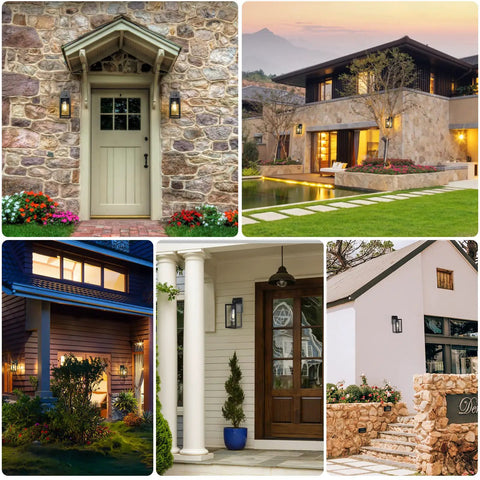 Outdoor Wall Lantern Sconce Light Waterproof Exterior With E26 Base in various home settings showing matte black finish and clear glass shade.