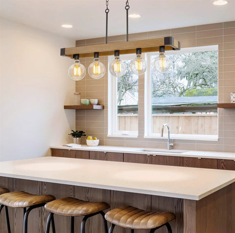 36 Inch Rustic Kitchen Island Light With 5 Lights, Linear Metal Frame, Hickory Wood Look And Black Finish over kitchen island