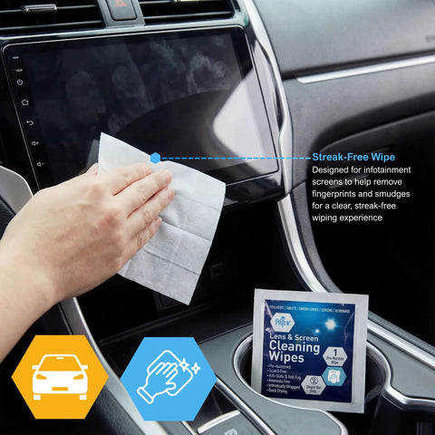 MED PRIDE lens and screen cleaning wipes, 200-count pack, being used to wipe a car touchscreen