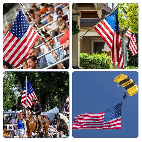 Collage of American flags on heavy duty 5 ft flag pole kit with 3x5 flag for outdoors, showcasing stainless steel and aluminum materials.