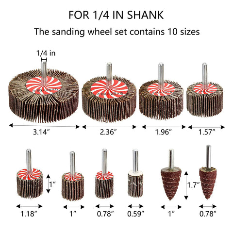Image displaying the Twenty Piece Pro Grade Abrasive Flap Wheel Sander Set with Eight Flap Wheel Sizes and Two Cone Shapes, 1/4 in Shank