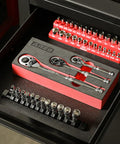 12 Piece One Quarter Inch Drive Metric Flex Socket Set With 6 Point Sockets From 5mm To 15mm displayed in tool drawer
