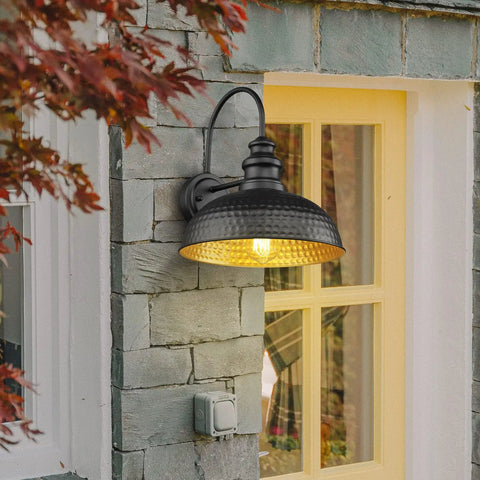 Farmhouse Outdoor Barn Light Fixture 12 Inch Dome Exterior Wall Light Rustic Wall Sconce Lantern For Porch Garage And Doorway Featuring Matte Black Finish With Gold Interior Bead Shape Design For Timeless Outdoor Home Lighting
