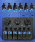 Six Gang Marine Rocker Switch Panel Waterproof With Circuit Breakers Digital Voltage Display PD QC3 USB Port And 12V DC Power Socket