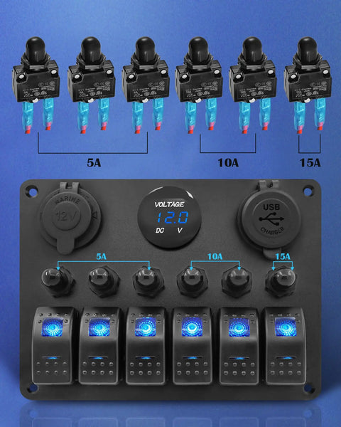 Six Gang Marine Rocker Switch Panel Waterproof With Circuit Breakers Digital Voltage Display PD QC3 USB Port And 12V DC Power Socket