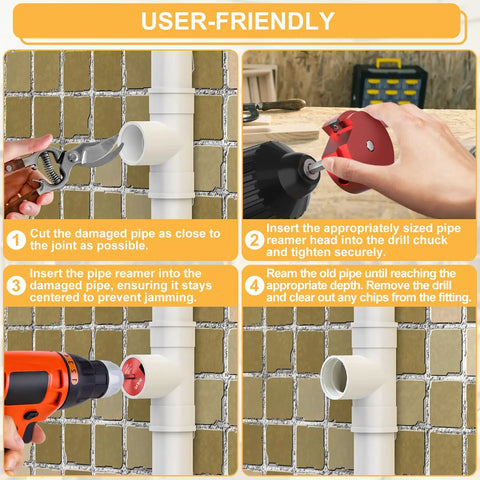 Step-by-step use of 9 Piece PVC Pipe Reamer Kit With Aluminum Head And 2 Blades For SCH40 Fittings in DIY plumbing.