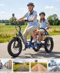 All Terrain Electric Tricycle for Adults with Fat 20 Inch Tires, 864Wh Removable Battery, 15.5 MPH Three Wheel Ebike for Seniors, LCD Display, Rear Differential, and Handy Rear Seat Basket in Blue with rider and child