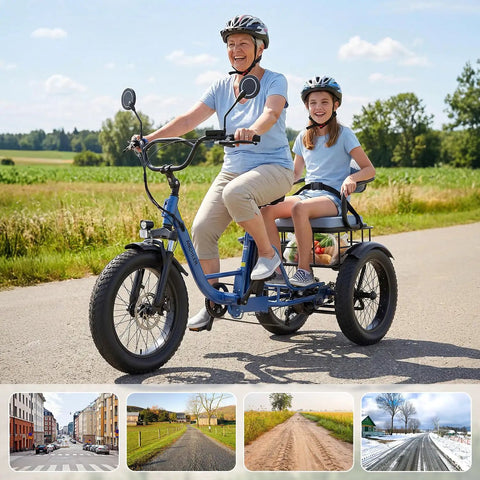 All Terrain Electric Tricycle for Adults with Fat 20 Inch Tires, 864Wh Removable Battery, 15.5 MPH Three Wheel Ebike for Seniors, LCD Display, Rear Differential, and Handy Rear Seat Basket in Blue with rider and child