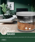 Big Time Plant Based Wood Stain And Oil Finish Two Point Five Liter Penetrating Sealer For Furniture Floors Cabinets And Trim Deep Black Color in a modern living room.