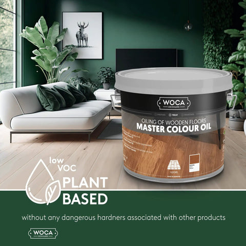 Big Time Plant Based Wood Stain And Oil Finish Two Point Five Liter Penetrating Sealer For Furniture Floors Cabinets And Trim Deep Black Color in a modern living room.