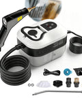 Ultra Powerful 2500W Handheld Steam Cleaner For Home with black hose and attachments for deep cleaning surfaces.