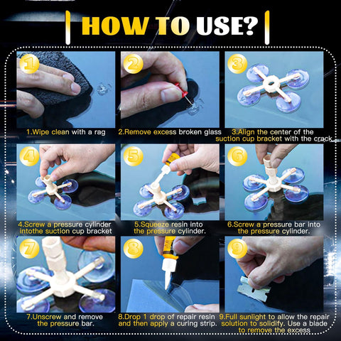 Instructions for Fast Windshield Chip And Crack Repair Kit Four Pack For Cars With No Mixing Needed Quick Fix In Twenty To Thirty Minutes