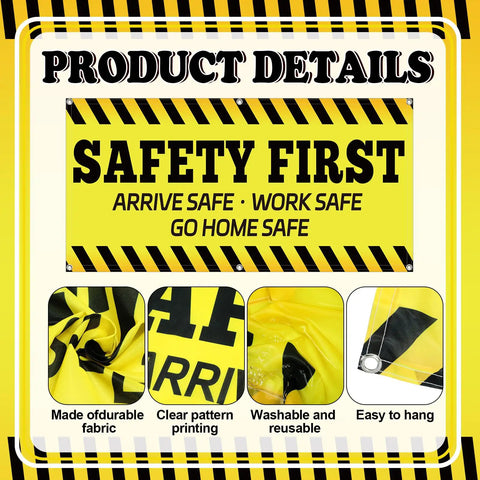 Safety First Banner Sign 2x4 Feet Polyester Fabric With Metal Grommets For Workplace Warehouse Factory High Visibility Warning Sign