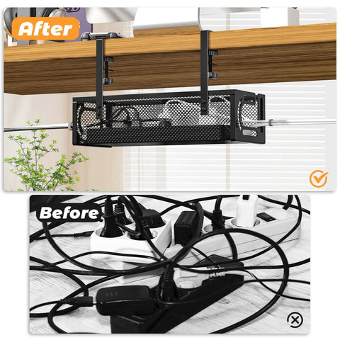 Before and after of under desk cable management with no-drill steel desk organizer and side opening design for neat cable cleanup.