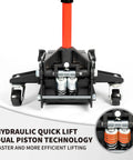 5 Ton Low Profile Hydraulic Floor Jack With Dual Piston Quick Lift Pump Heavy Duty Steel Lift For Cars Trucks And SUVs Up To 11000 Lbs mechanic's view of pistons.