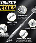 Diagram of Drop Down Gas Struts Two Pack For Cabinets And Desk Doors 90 Degree Hinge With Quiet Soft Close 100N, silver finish, details labeled.
