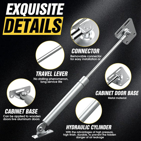 Diagram of Drop Down Gas Struts Two Pack For Cabinets And Desk Doors 90 Degree Hinge With Quiet Soft Close 100N, silver finish, details labeled.