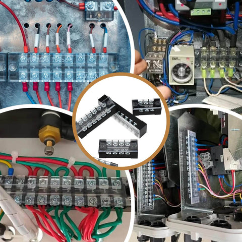 10 Pack 15A Screw Terminal Blocks With Wiring Strips, Dual Row, Covered, 3 4 5 6 8 Position Options, Pre Insulated Jumpers, 600V For Electrical Wiring Connections, Durable ABS Plastic Shell With Dust Cover in various installations.
