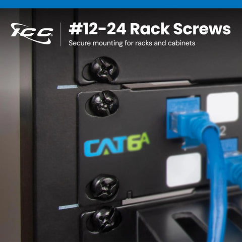 Rock Solid Boss Level Rack Mount Screws Featuring 12 24 Threads For Standard 19 Inch Eia Server Cabs And Patch Shelves In Sleek Black close-up view on rack securing CAT6A cabling.