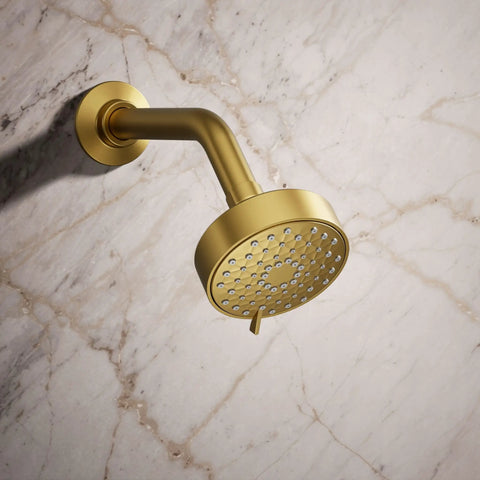 Awaken G90 Multifunction Showerhead With Three Spray Modes mounted on marble wall in brass finish