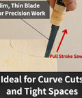 Zero Hassle Japanese Pull Saw Keyhole Blade 4 3/4 Inch Ryoba Double Edge Handsaw shown cutting a curve in plywood with a wood grip.