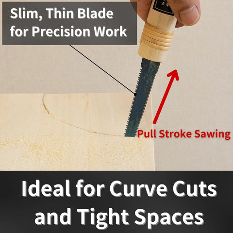 Zero Hassle Japanese Pull Saw Keyhole Blade 4 3/4 Inch Ryoba Double Edge Handsaw shown cutting a curve in plywood with a wood grip.