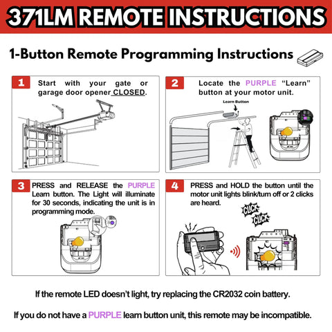 Garage Door Opener Remote Replacement For 371LM Purple Button Security Plus 315 MHz programming instructions diagram