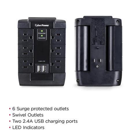 Six Swivel Outlet Surge Protector With 1200J Surge Protection, 125V, Two USB Ports, Wall Tap Design, front and back view