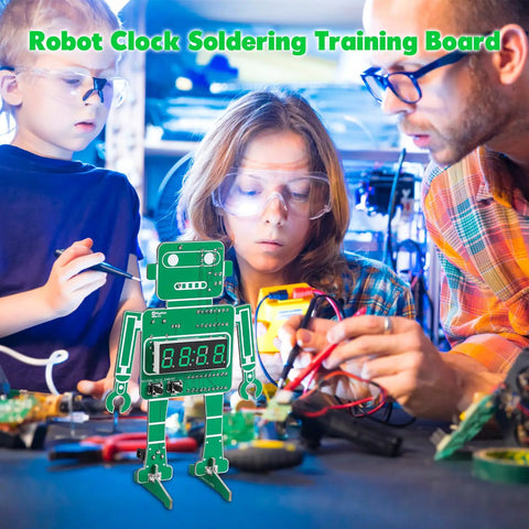Children and instructor using Alarm Clock Soldering Practice Kit For Students And Makers Build Your Own 4 Digit Robot Digital Clock With Temperature Display And STEM Circuit Board Project For Classroom Or Desk.