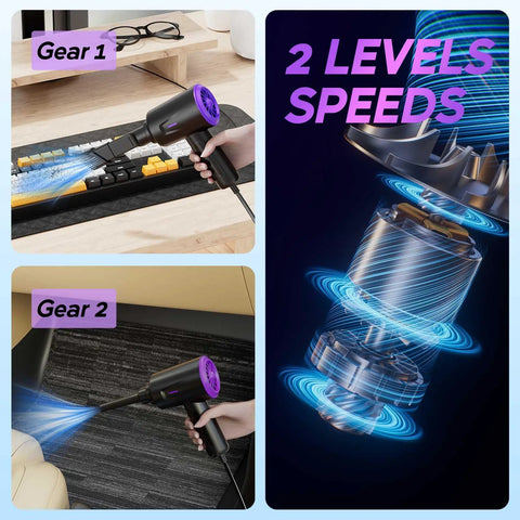 Electric Air Duster And Blower For Keyboard, PC And Electronics, Lightweight Multi Use Duster showing two speed levels.