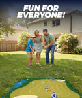 Family playing on Chipping Golf Practice Mats Set With Sticky Balls For Indoor And Outdoor Play, patented design, in backyard.