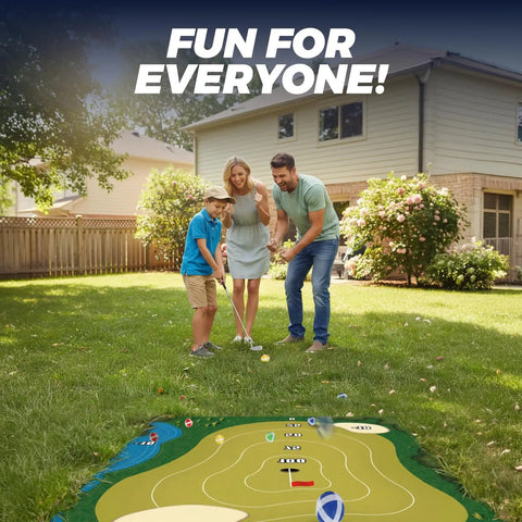 Family playing on Chipping Golf Practice Mats Set With Sticky Balls For Indoor And Outdoor Play, patented design, in backyard.