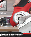 Stalwart Cordless Electric Scissors In Vibrant Red cutting through material with easy grip, ideal for craft projects.