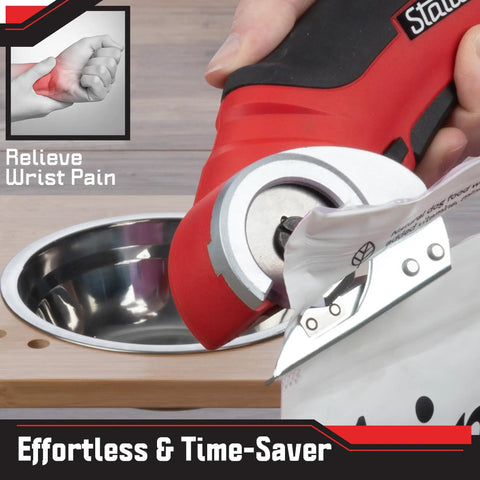 Stalwart Cordless Electric Scissors In Vibrant Red cutting through material with easy grip, ideal for craft projects.