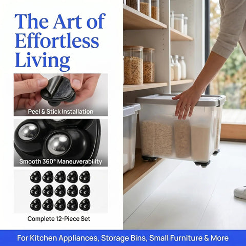 Image showing Twelve Pieces Self Adhesive Mini Casters And Swivel Ball Wheels That Roll Smooth As Butter For Trash Cans Storage Bins.