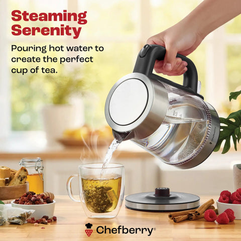 1.7L Electric Kettle For Tea And Water With Borosilicate Glass Body Pouring Hot Water Into Cup