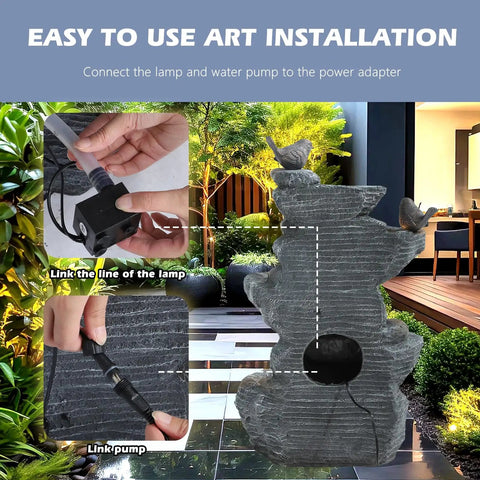 Back of Outdoor Cascading Five Tier Rock Water Fountain With Four LED Lights For Garden Patio Yard And Deck Decor Waterfall Feature With Natural Stone Look For A Relaxed Night Vibe, showing electrical connections.