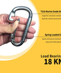 Front view of marine-grade 316 stainless steel carabiner with a spring-loaded gate.