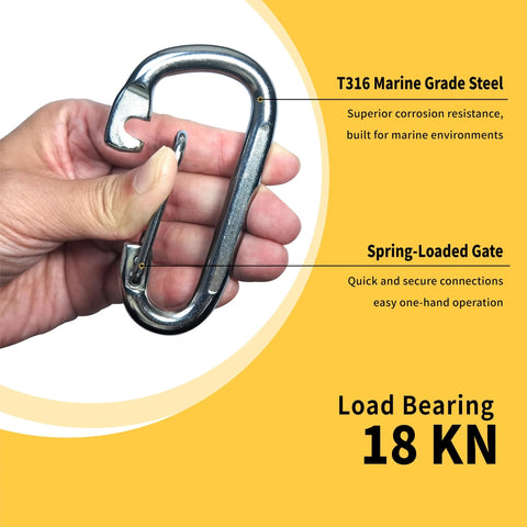 Front view of marine-grade 316 stainless steel carabiner with a spring-loaded gate.