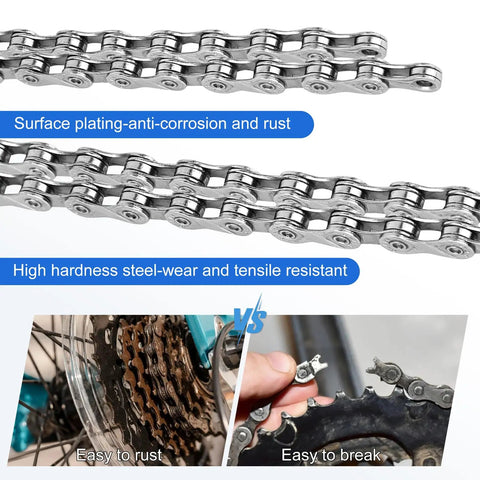 Heavy Duty Hollow Link Bike Chain For Road BMX Mountain Bikes 21 24 27 Speed Compatibility 116 Links Rust Resistant Steel Chain Built To Last Through Tough Trails showcased with rust comparison and durability features.