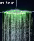 LED Shower System With 16 Inch Rain Shower Head And Handheld, Wall Mounted, showing water flow with green LED light for warm water