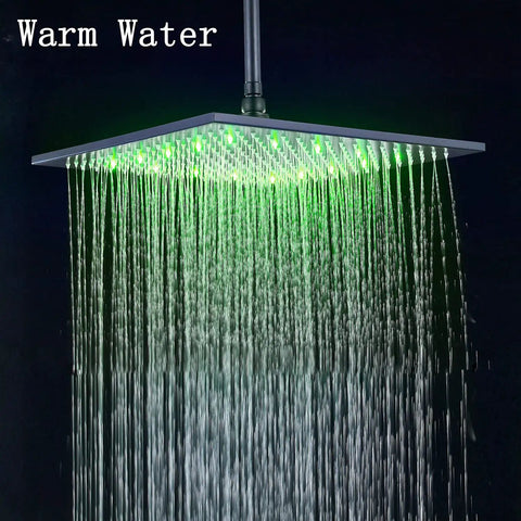 LED Shower System With 16 Inch Rain Shower Head And Handheld, Wall Mounted, showing water flow with green LED light for warm water