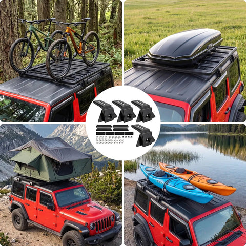 Jeep with bikes, cargo box, tent, kayaks on 4 Piece Roof Rack Mounting Bracket Set For Jeep Wrangler JL JK Gladiator JT Cherokee XJ