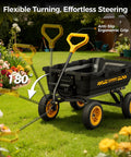 No Flat 10 Inch Tires Garden Dump Cart Beefy Heavy Duty with quick release dump in garden setting with 180° turn handle