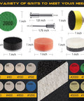 All In One 180 Piece Sanding Discs Set With Grits 60 Through 10000 and various shank sizes displayed on chart.